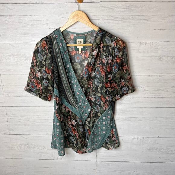 Anthropologie Tiny Blouse Womens Size Medium Teal Floral Geometric Sheer Wrap - Picture 3 of 16
